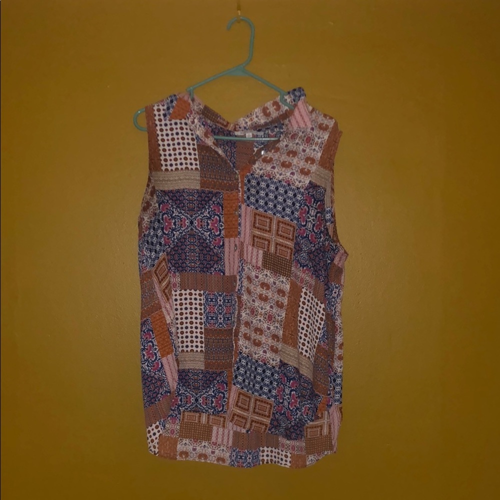 Blue and Brown Sleeveless Button Down Shirt
